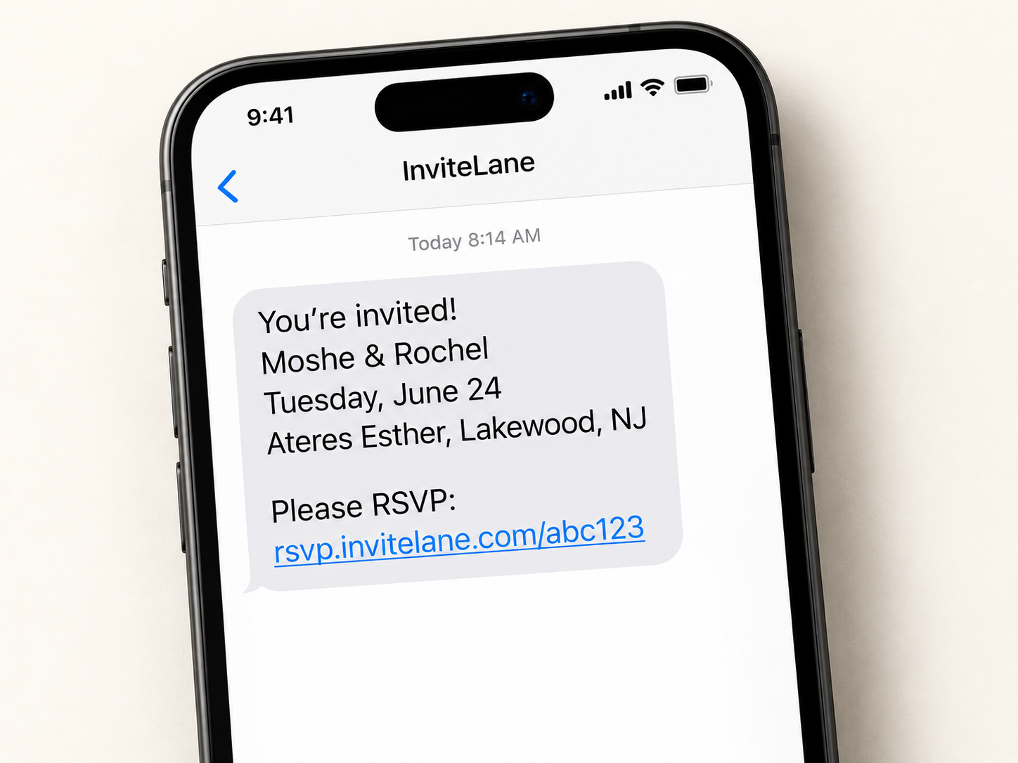 Example text message inviting Moshe and Rochel’s guests to RSVP